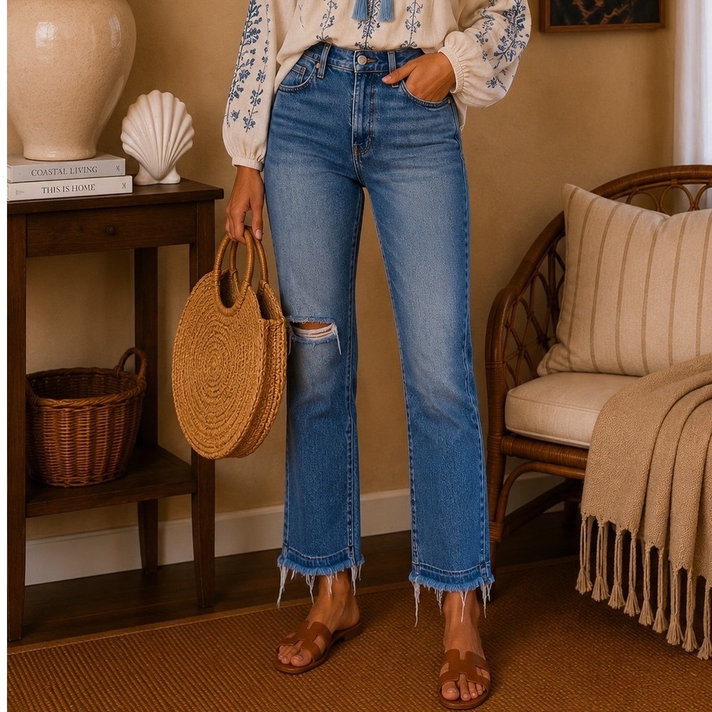 We The Free Free People Blue High Rise Straight Distressed Raw Hem Jeans Size 27